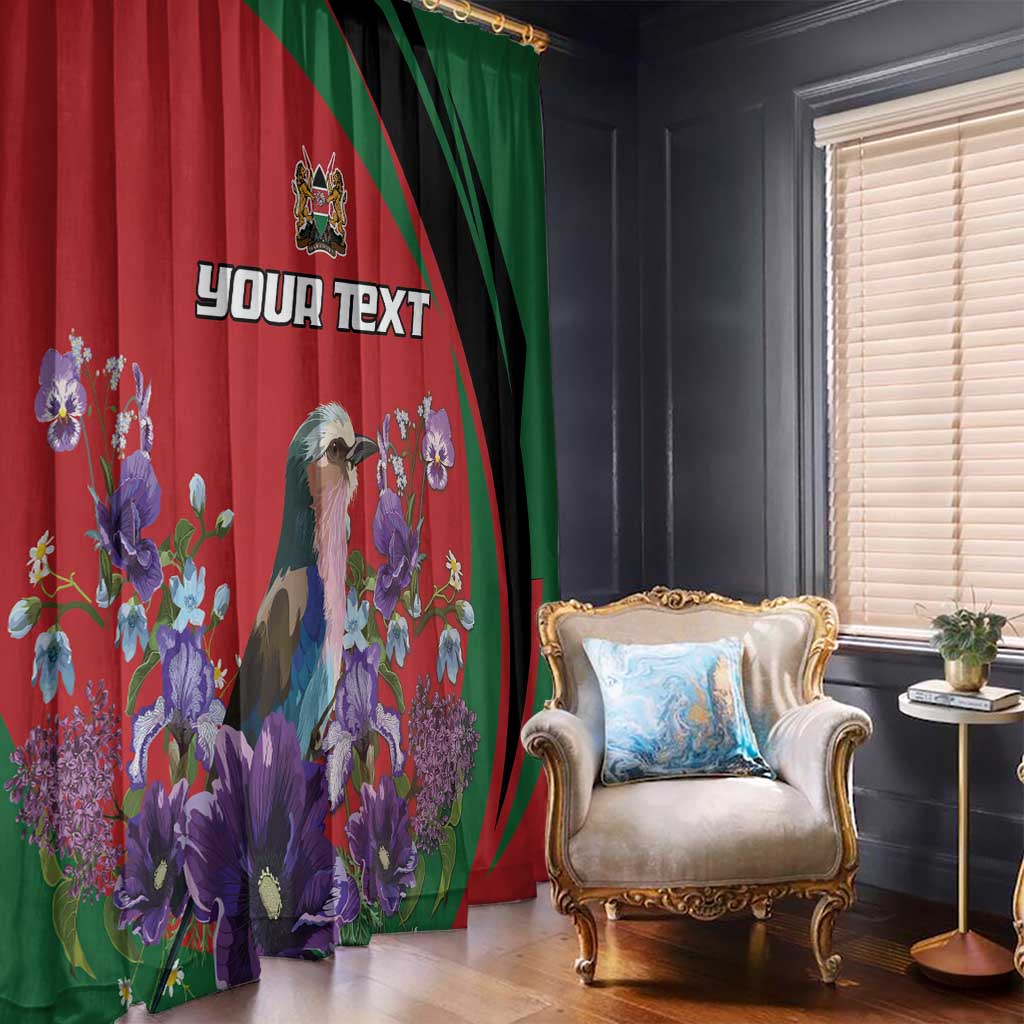 Hanging roller window curtains in red and green with purple flowers and bird print