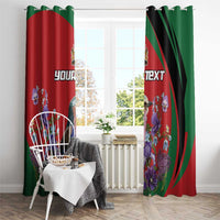 Roller window curtain panels in red and green with purple blossoms and bird illustration