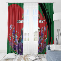Roller window curtain panels with red and green coloring and purple flower bird print