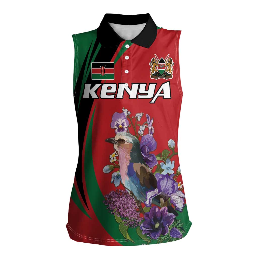 Personalized Kenya Lilac Breasted Roller Women Sleeveless Polo Shirt With Violet Flowers