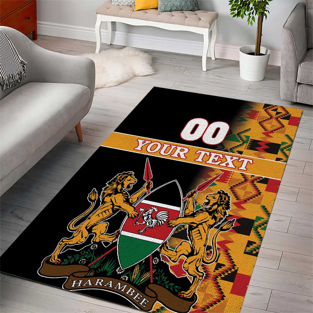 Black area rug with Kenya coat of arms, lions and shield over multicolor Kente border