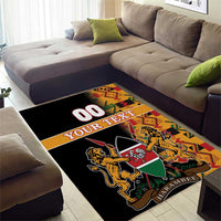 Black corner-view area rug with Kenya coat of arms and multicolor Kente trim