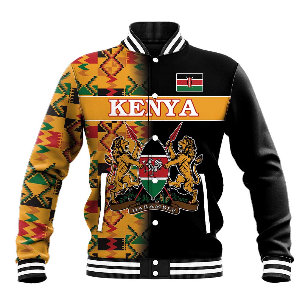 Black baseball jacket with Kente sleeves, Kenya crest front, ribbed collar and cuffs