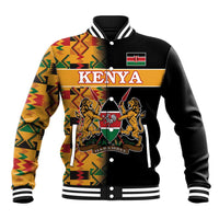 Black baseball jacket with Kente sleeves, Kenya crest front, ribbed collar and cuffs
