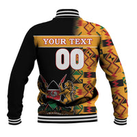 Black baseball jacket back with Kente panel, YOUR TEXT and 00, ribbed waistband