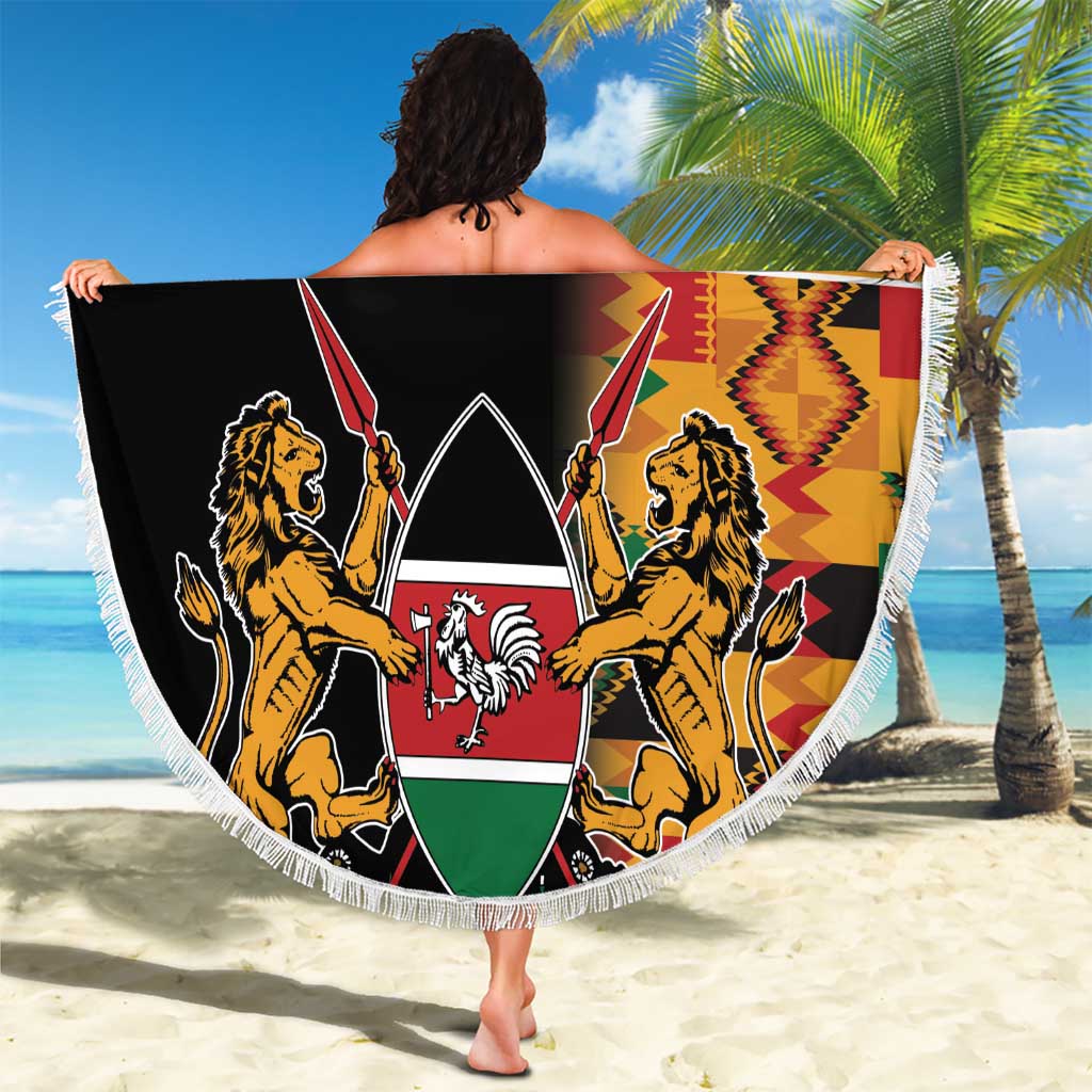 Round beach blanket with fringed edge, black coat of arms with lions and Kente stripes