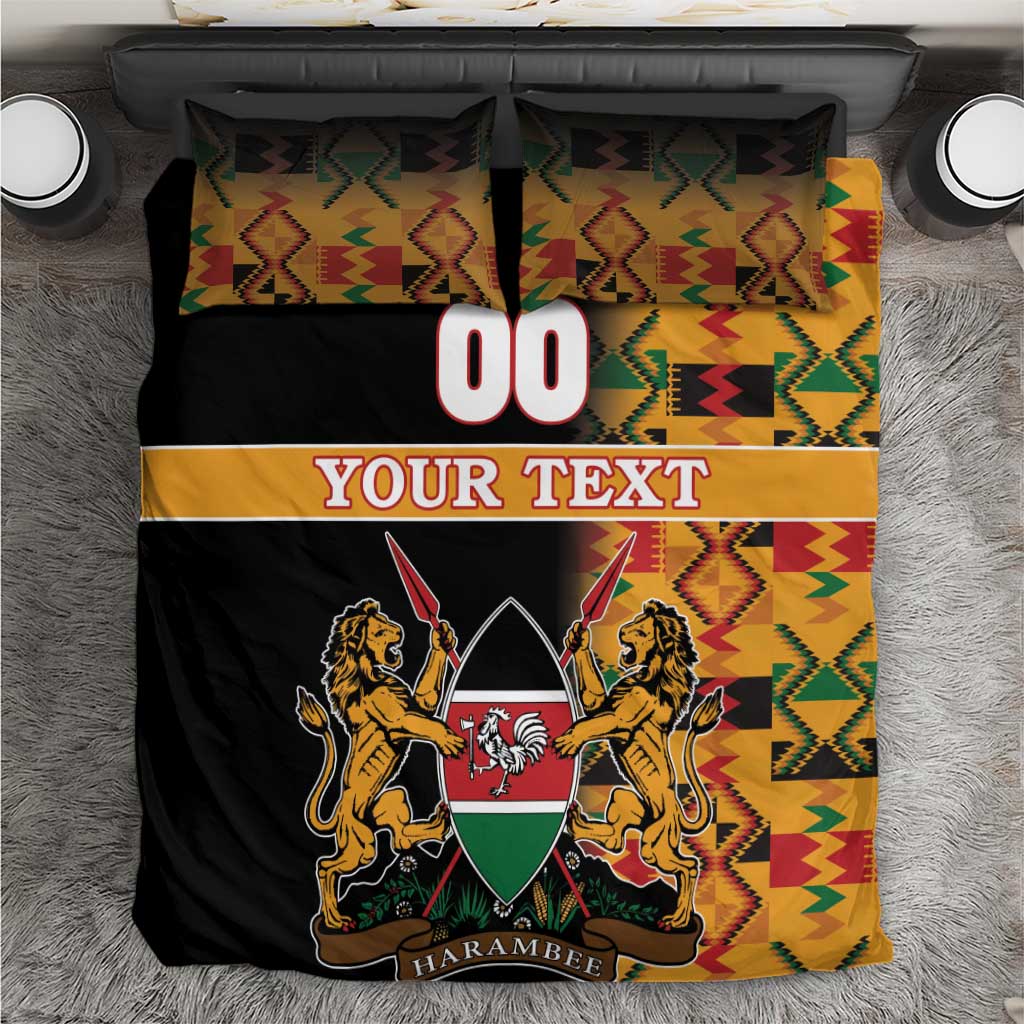 Black bedding set with Kente geometric panels and Harambe coat-of-arms graphic