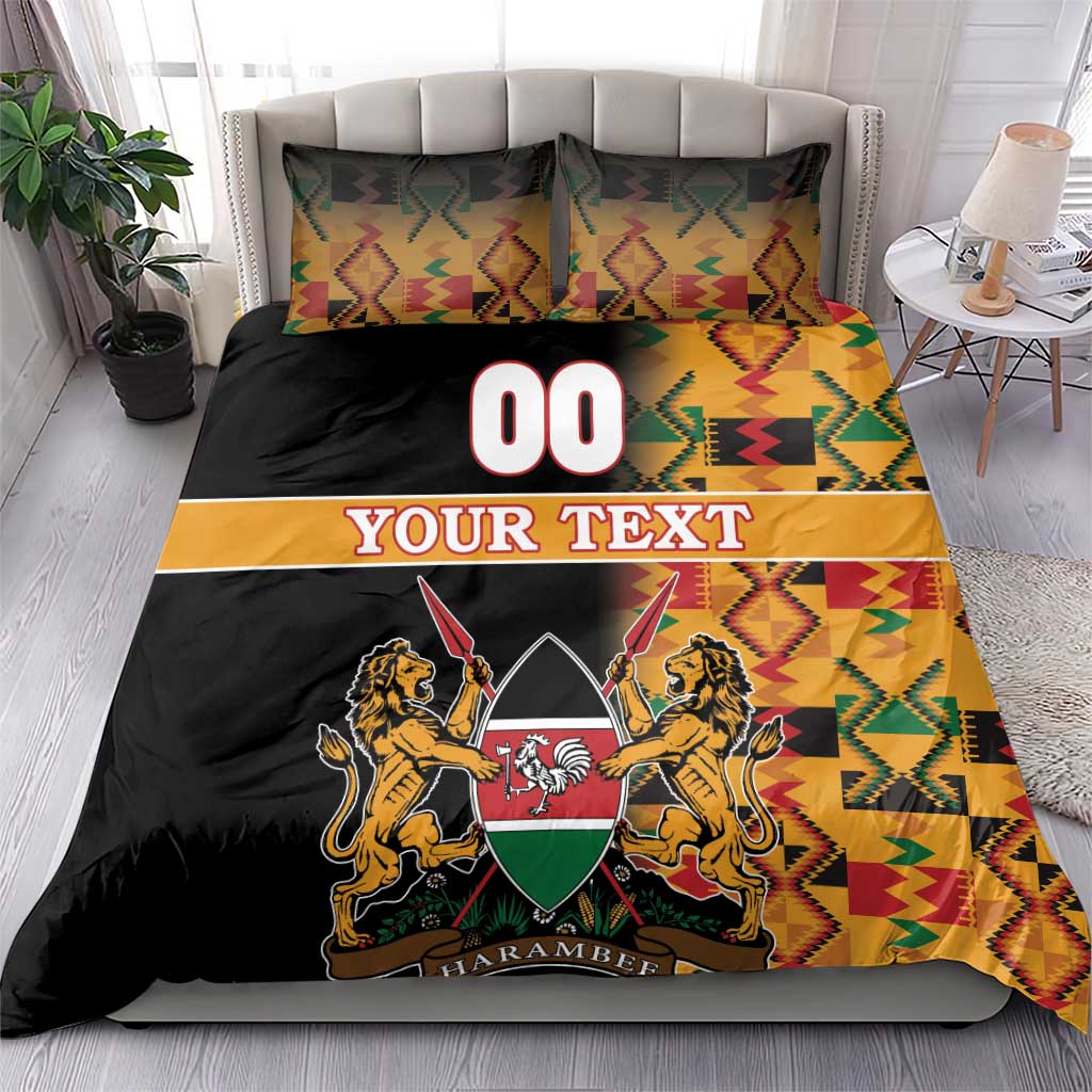 Black duvet cover bedding set with Kente patterns, Harambe crest, and two pillowcases