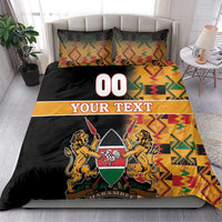 Black duvet cover bedding set with Kente patterns, Harambe crest, and two pillowcases