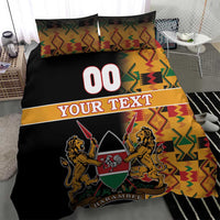 Black bedding set with colorful Kente border, Harambe coat-of-arms center graphic
