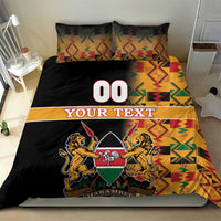 Black bedding set with Kente geometric bands and Harambe crest on duvet cover