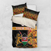 Black duvet cover with Kente geometric trim and Harambe coat-of-arms; two pillowcases