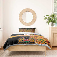 Black duvet cover bedding set with colorful Kente border and Harambe coat-of-arms