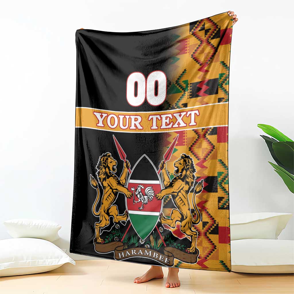Black Kenya coat of arms blanket with Kente border, lion crest and HARAMBEE