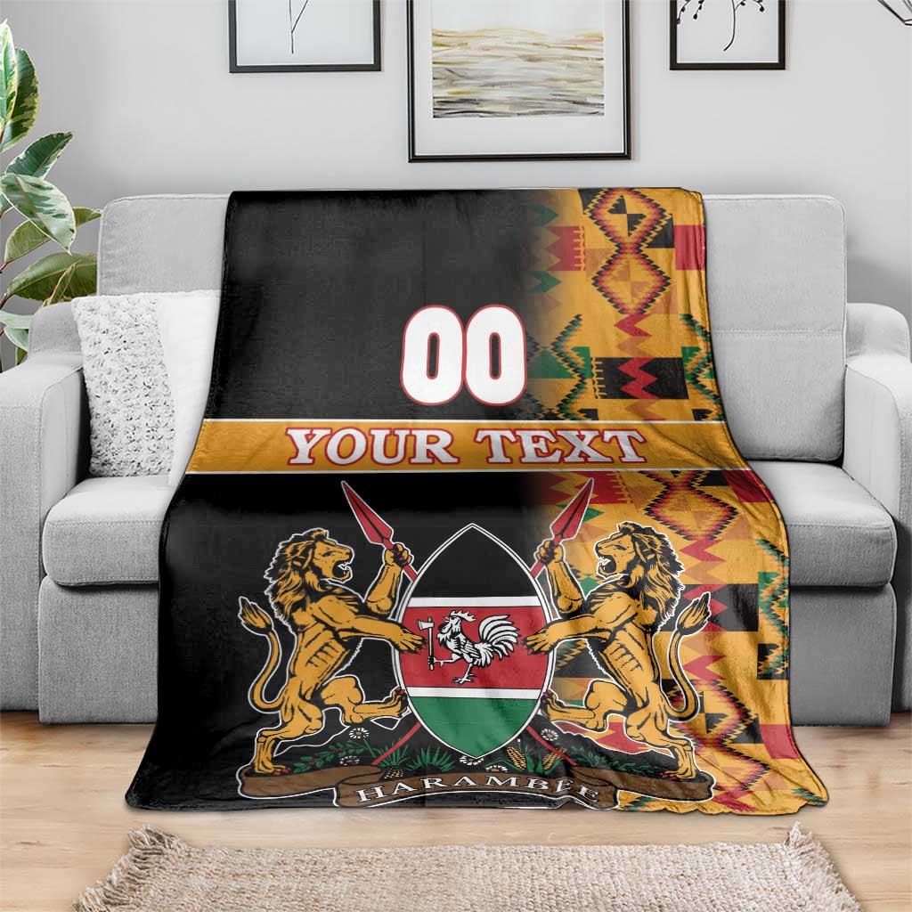 Black Kenya coat of arms blanket with Kente pattern strip, lion crest and HARAMBEE