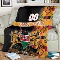 Black Kenya coat of arms blanket with Kente side panel, lion crest and HARAMBEE