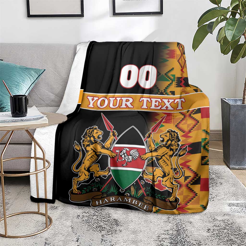 Black Kenya coat of arms blanket with Kente stripes, lion crest and HARAMBEE