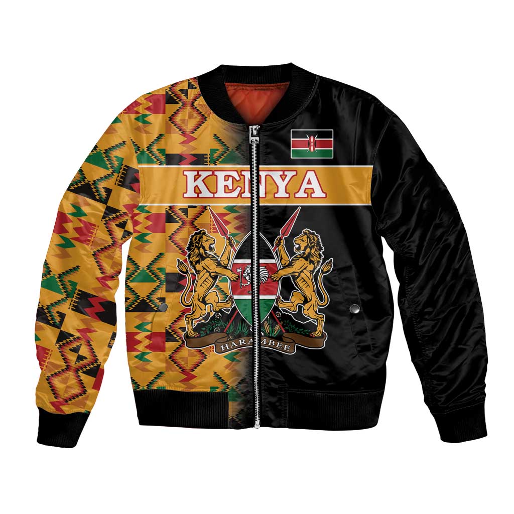 Black bomber jacket with Kenya text, flag patch, and Kente-pattern crest on front