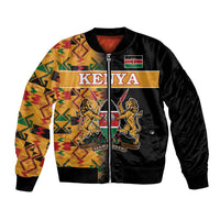 Black bomber jacket with Kenya text, flag patch, and Kente-pattern crest on front