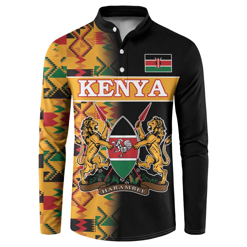 Men's black button sweatshirt with Kenya crest and Kente-pattern sleeves