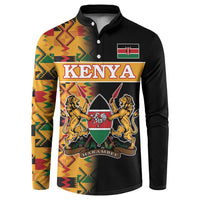 Men's black button sweatshirt with Kenya crest and Kente-pattern sleeves