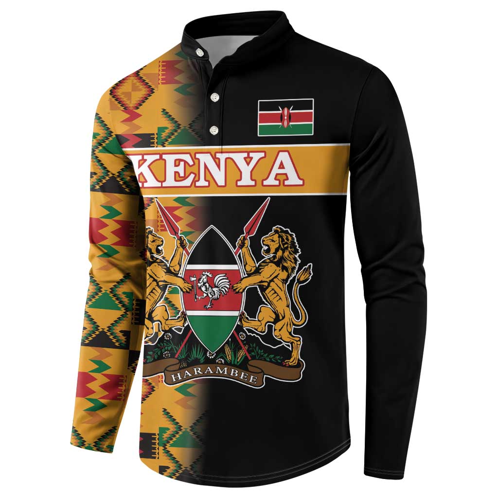 Men's black button sweatshirt, Kenya crest front, Kente sleeve panels