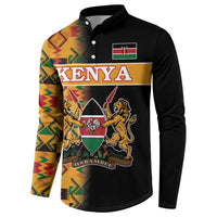 Men's black button sweatshirt, Kenya crest front, Kente sleeve panels