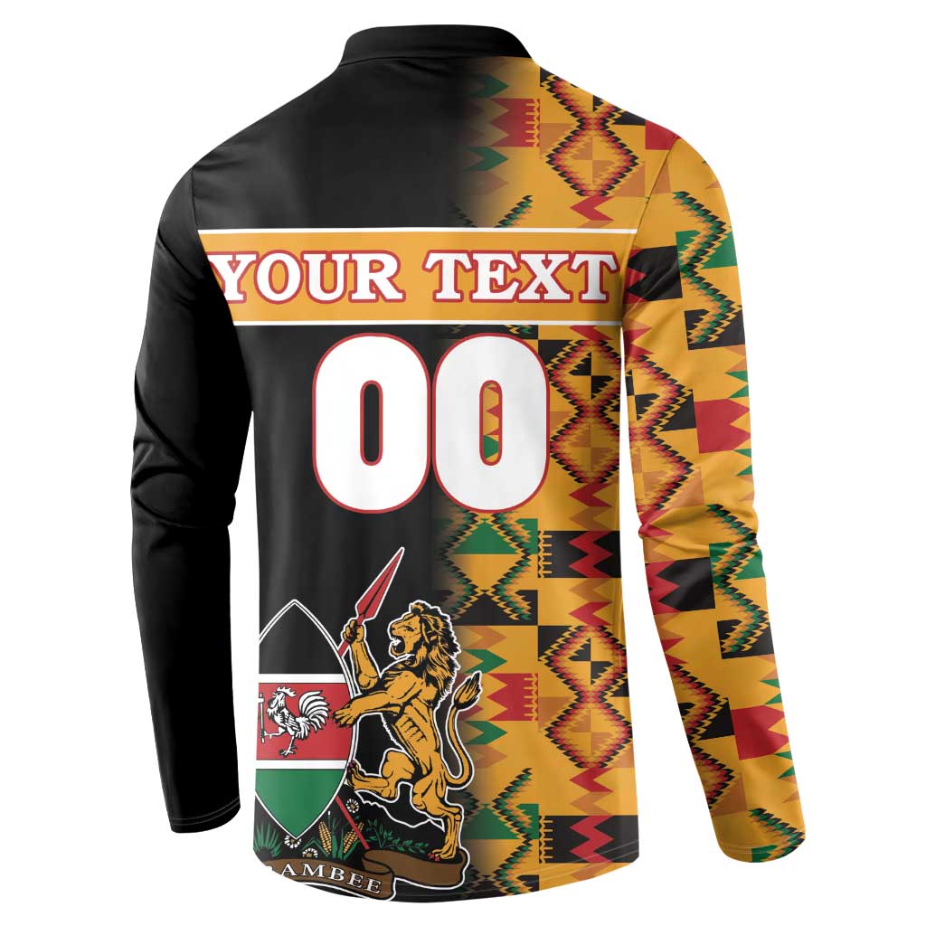 Men's black button sweatshirt back with 'YOUR TEXT' and '00' over lion crest, Kente sleeves