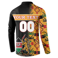 Men's black button sweatshirt back with 'YOUR TEXT' and '00' over lion crest, Kente sleeves