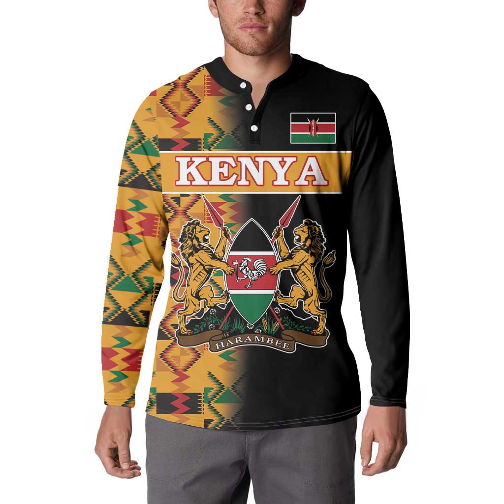 Men's black button sweatshirt front with Kenya crest and Kente-pattern sleeve panels
