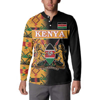 Men's black button sweatshirt front with Kenya crest and Kente-pattern sleeve panels