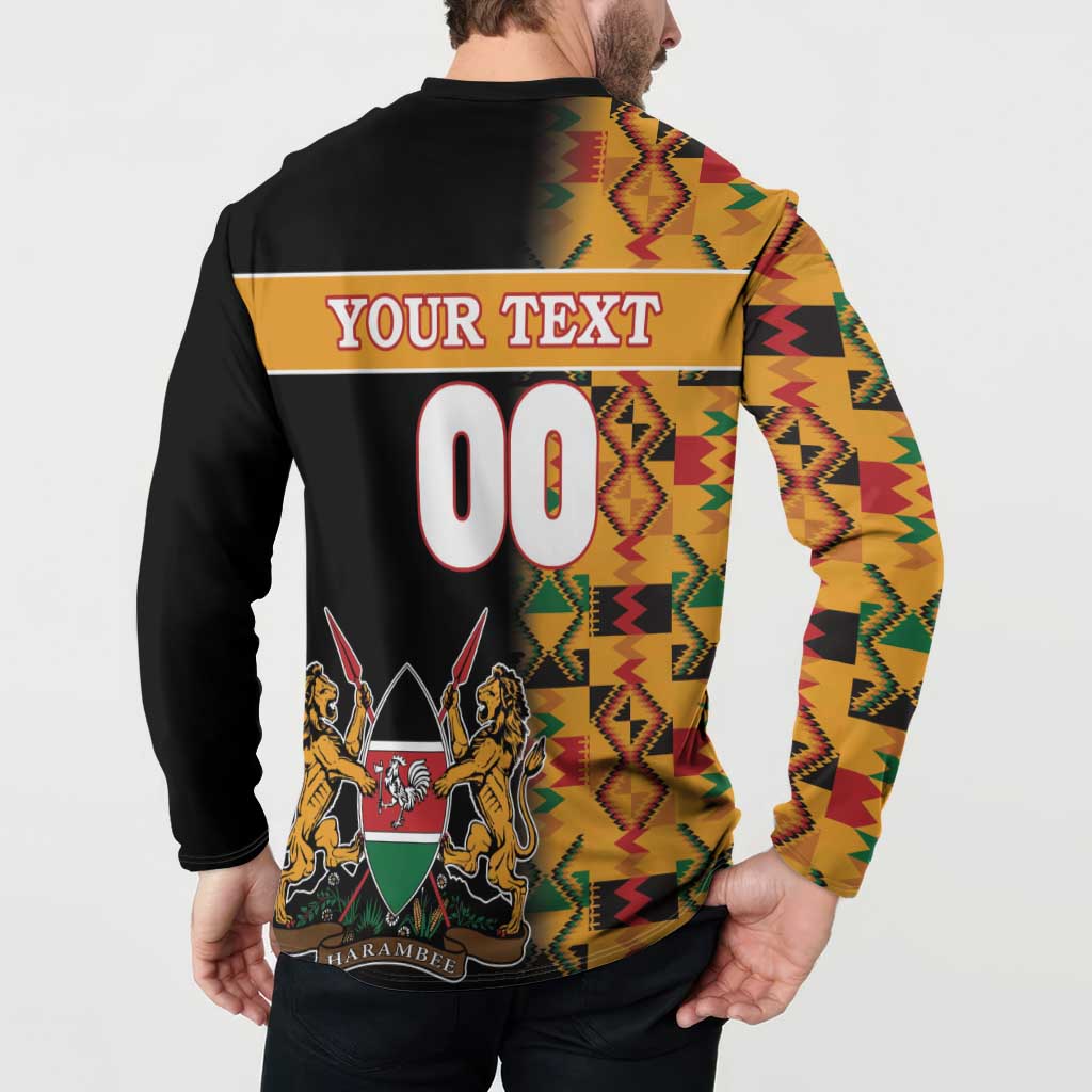 Men's black button sweatshirt back with 'YOUR TEXT' and '00' print, Kente sleeves