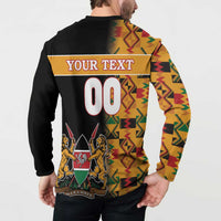 Men's black button sweatshirt back with 'YOUR TEXT' and '00' print, Kente sleeves