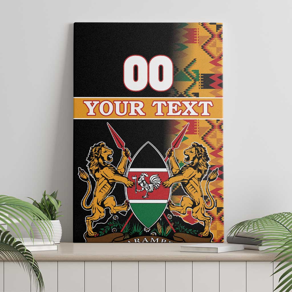 Black Kenya coat of arms canvas wall art, kente border, 'YOUR TEXT' banner and lions