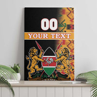 Black Kenya coat of arms canvas wall art, kente border, 'YOUR TEXT' banner and lions
