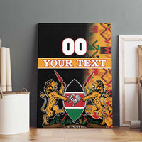 Black Kenya coat of arms canvas wall art with kente border, lions and shield, '00 YOUR TEXT'