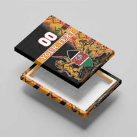 Angled black Kenya coat of arms canvas wall art with kente border and '00 YOUR TEXT'