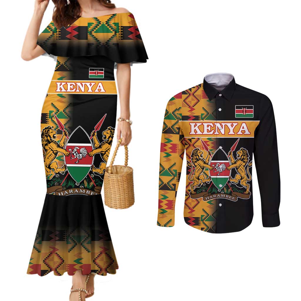 Custom Kenya Coat Of Arms Couples Matching Mermaid Dress and Long Sleeve Button Shirt With Kente Patterns LT18