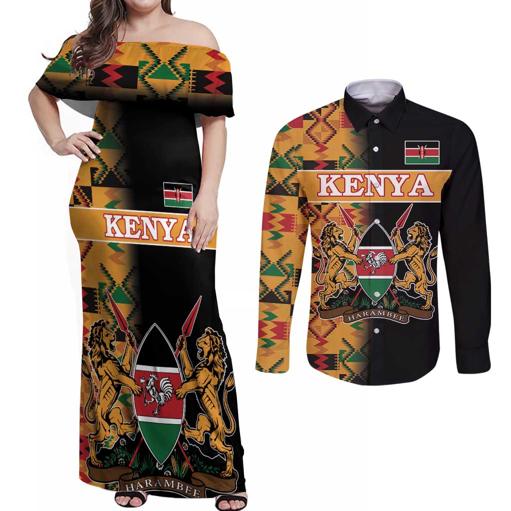 Custom Kenya Coat Of Arms Couples Matching Off Shoulder Maxi Dress and Long Sleeve Button Shirt With Kente Patterns LT18