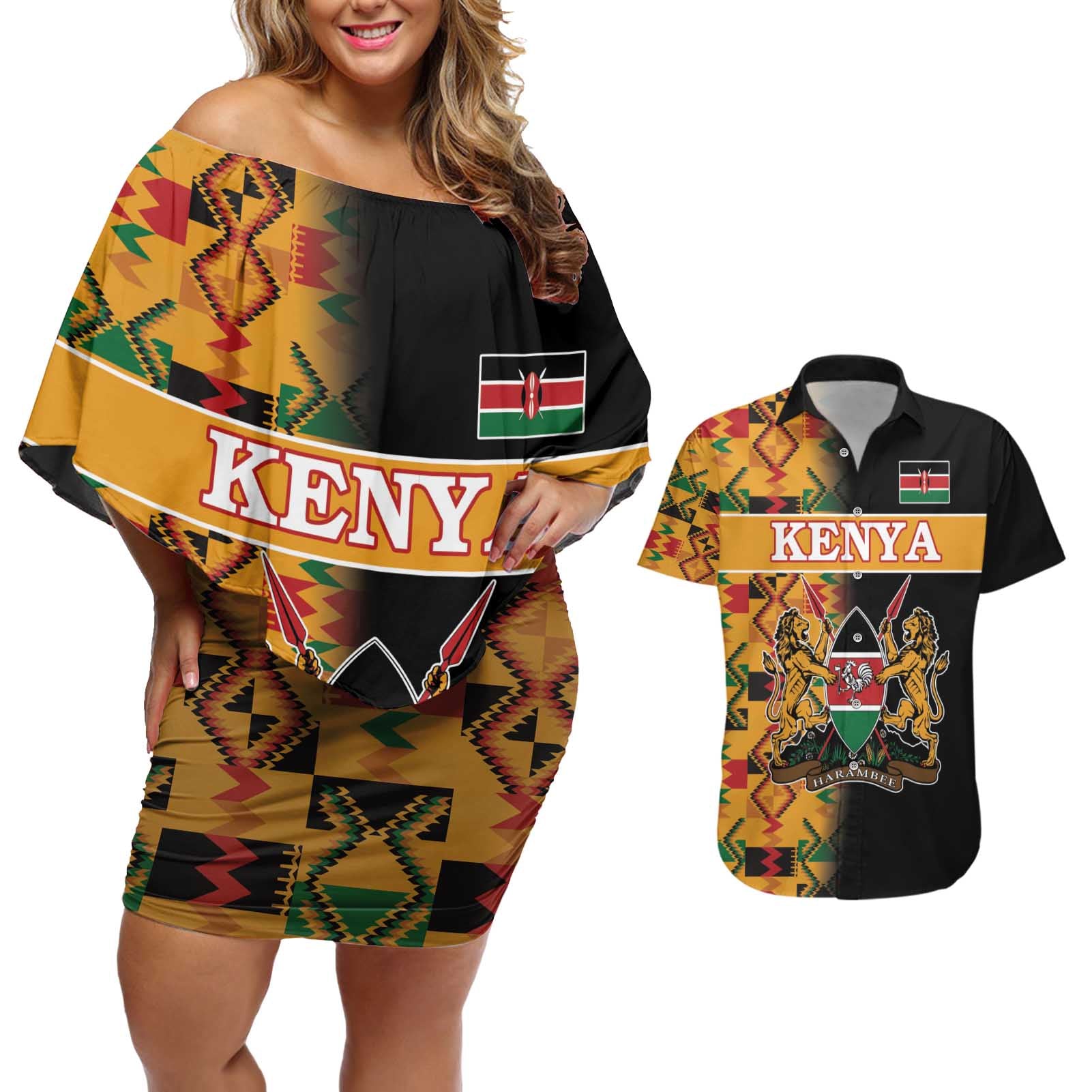 Custom Kenya Coat Of Arms Couples Matching Off Shoulder Short Dress and Hawaiian Shirt With Kente Patterns LT18