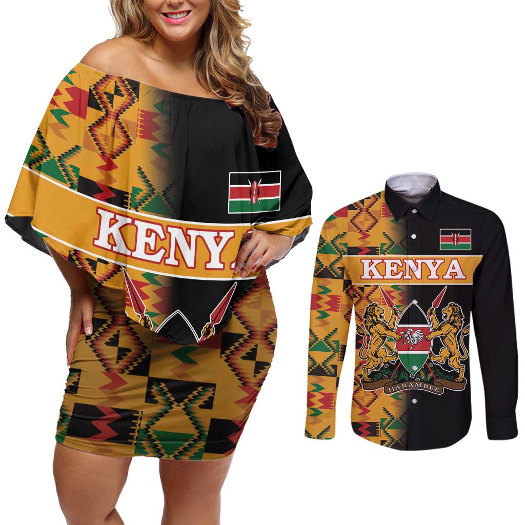 Custom Kenya Coat Of Arms Couples Matching Off Shoulder Short Dress and Long Sleeve Button Shirt With Kente Patterns LT18