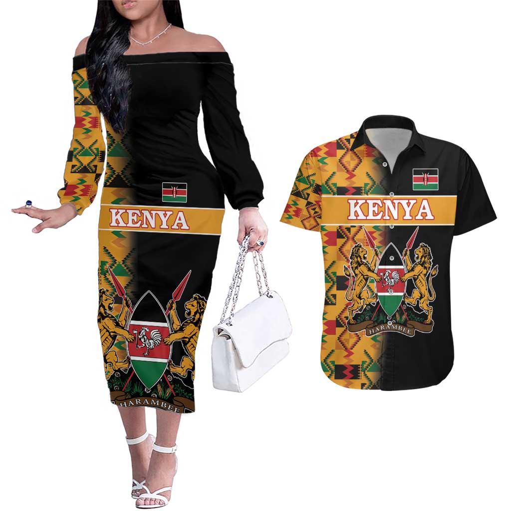 Custom Kenya Coat Of Arms Couples Matching Off The Shoulder Long Sleeve Dress and Hawaiian Shirt With Kente Patterns LT18