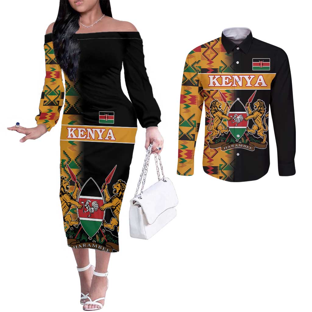 Custom Kenya Coat Of Arms Couples Matching Off The Shoulder Long Sleeve Dress and Long Sleeve Button Shirt With Kente Patterns LT18