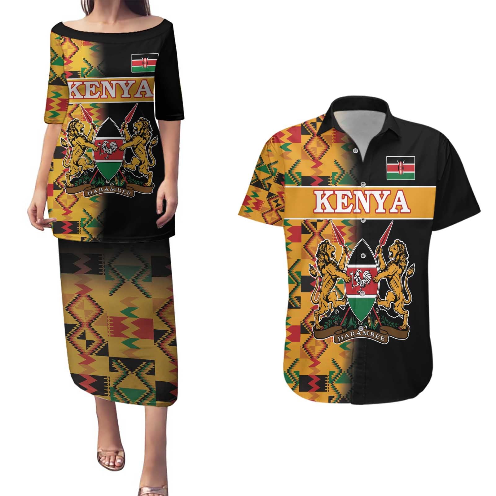 Custom Kenya Coat Of Arms Couples Matching Puletasi and Hawaiian Shirt With Kente Patterns LT18