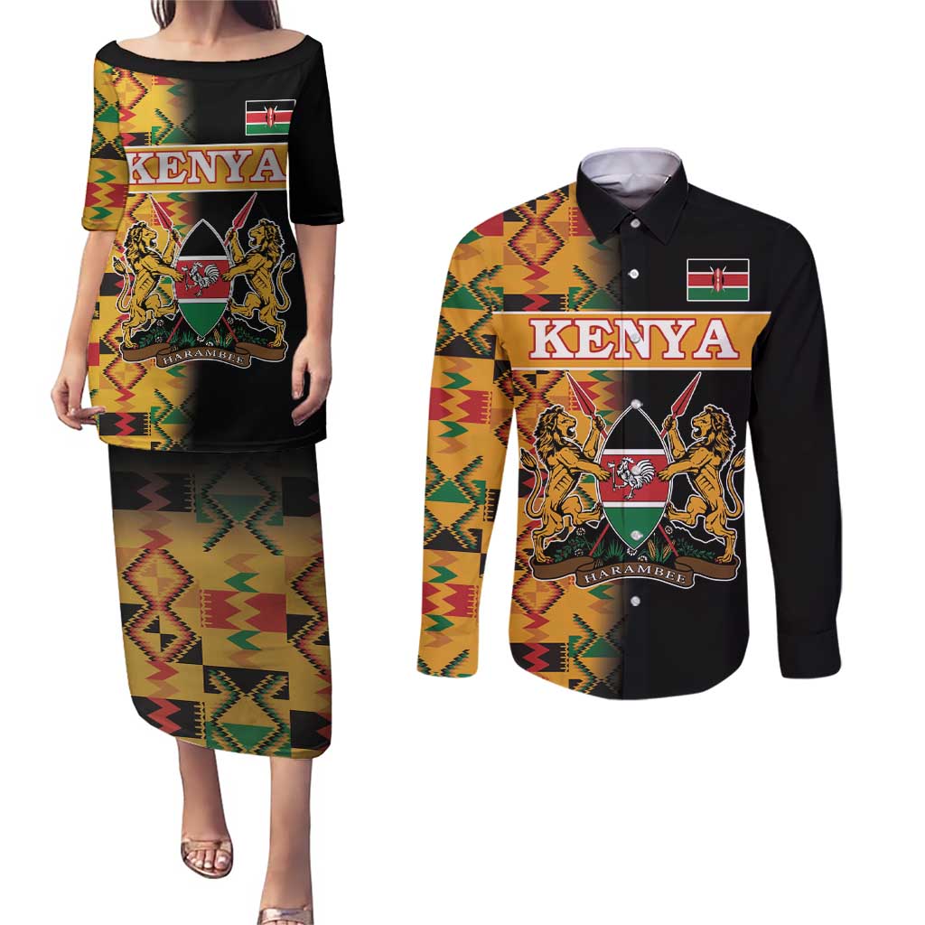 Custom Kenya Coat Of Arms Couples Matching Puletasi and Long Sleeve Button Shirt With Kente Patterns LT18