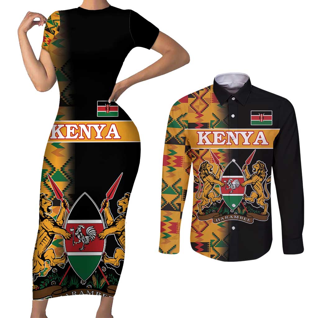 Custom Kenya Coat Of Arms Couples Matching Short Sleeve Bodycon Dress and Long Sleeve Button Shirt With Kente Patterns LT18