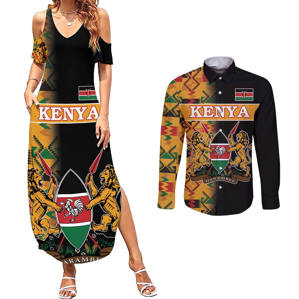 Custom Kenya Coat Of Arms Couples Matching Summer Maxi Dress and Long Sleeve Button Shirt With Kente Patterns LT18