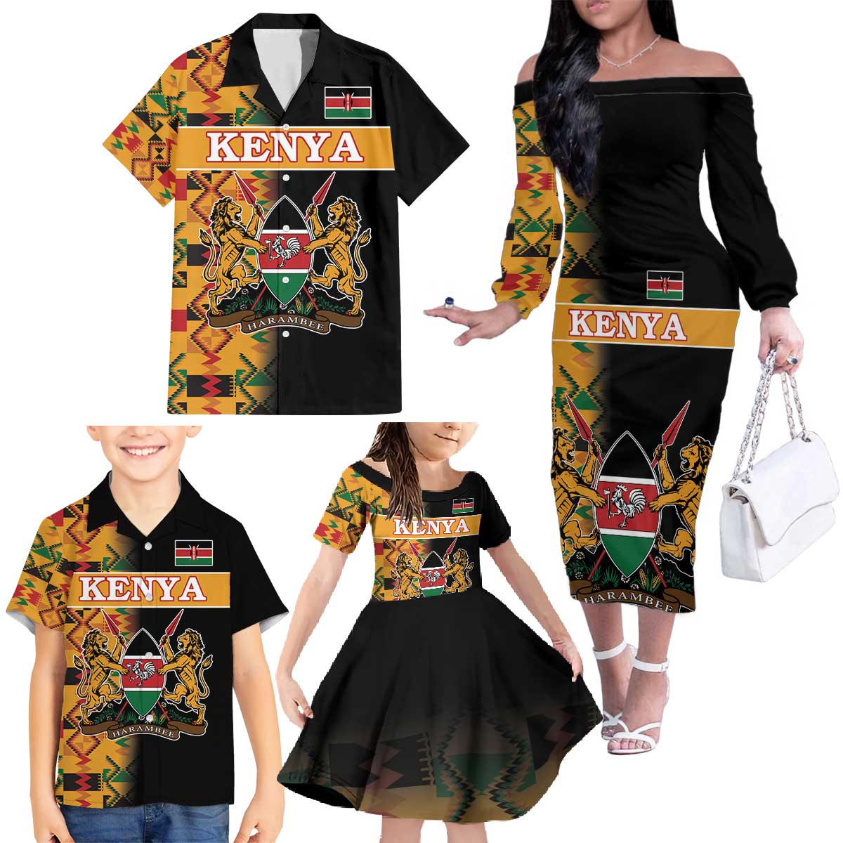 Custom Kenya Coat Of Arms Family Matching Off The Shoulder Long Sleeve Dress and Hawaiian Shirt With Kente Patterns LT18