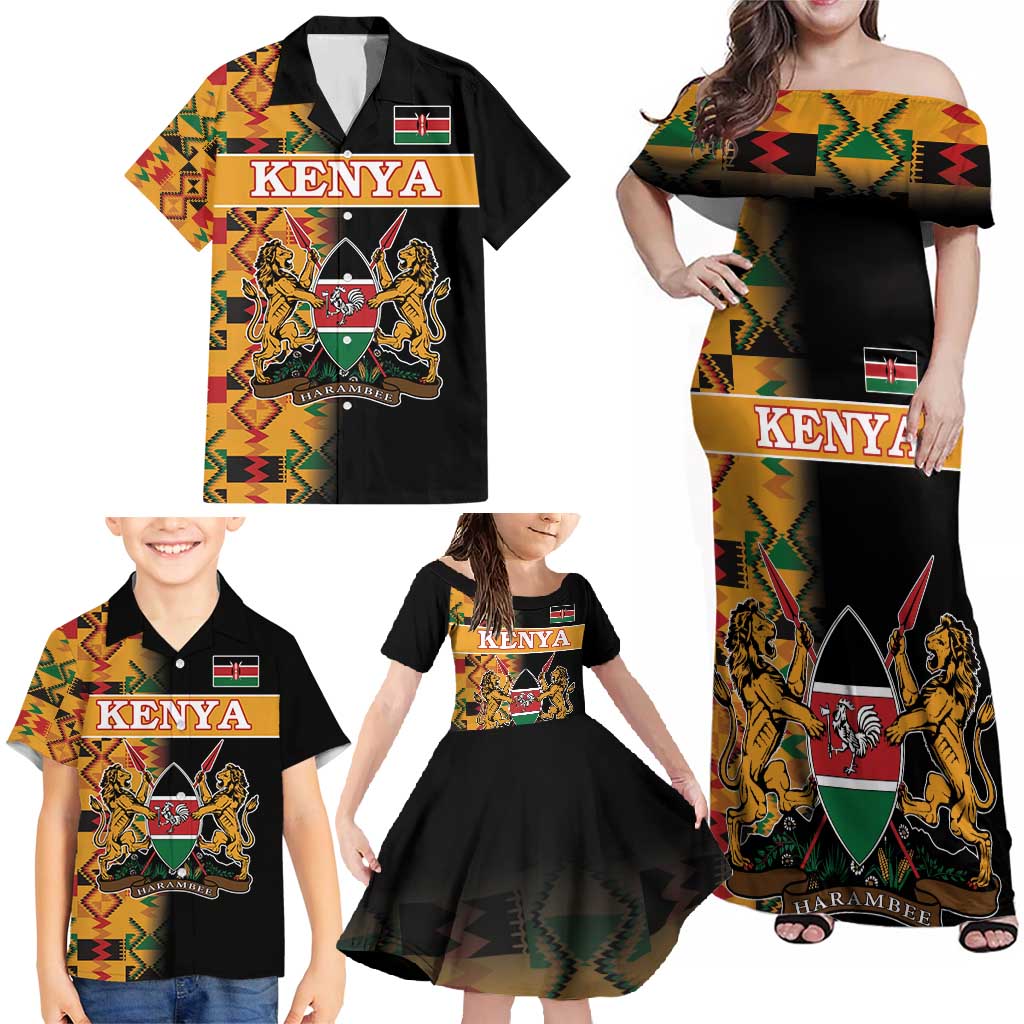 Custom Kenya Coat Of Arms Family Matching Off Shoulder Maxi Dress and Hawaiian Shirt With Kente Patterns LT18