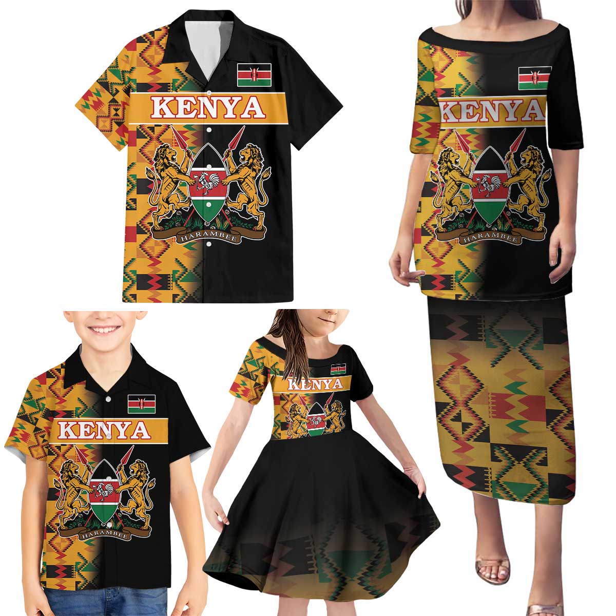 Custom Kenya Coat Of Arms Family Matching Puletasi and Hawaiian Shirt With Kente Patterns LT18